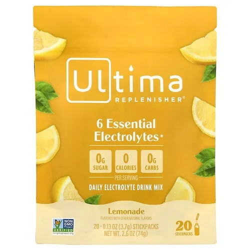 Ultima Replenisher, 6 electrolitos esenciales, Mezcla para preparar bebidas con electrolitos diarios, Limonada, 20 sobrecitos, 3,7 g (0,13 oz) cada uno
